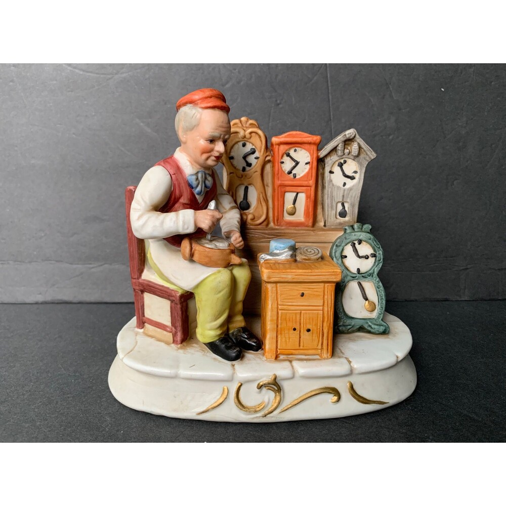 Vintage Hallmark Ceramic Watch Maker Figurine Hand Painted Japan - 6” x 7” x 4”